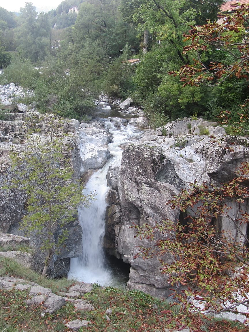 La Bourges dévalant un ressaut rocheux au milieu de la forêt, en aval de Burzet