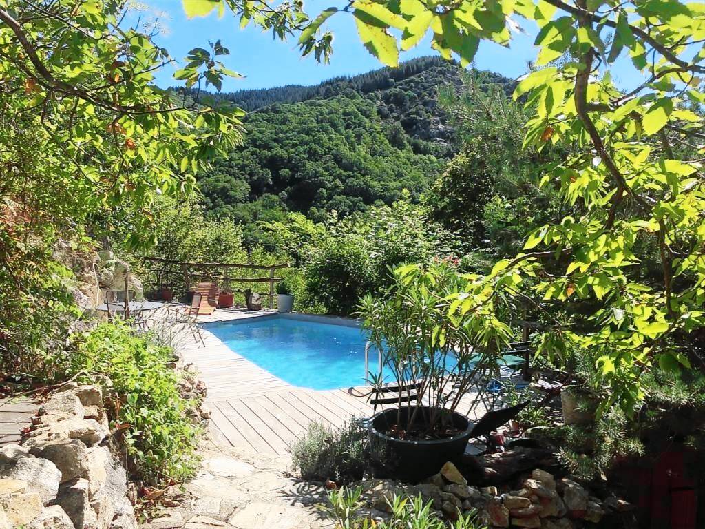 La piscine isolée entourée de végétation, avec vue sur la forêt et la vallée