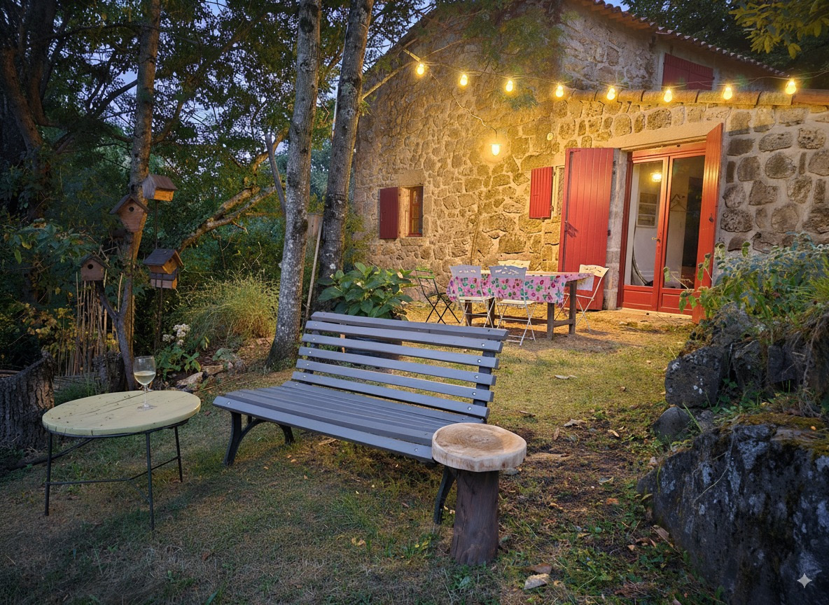 La terrasse à la tombée du soir, guirlande lumineuse, table dressée et banc face à la maison en pierre